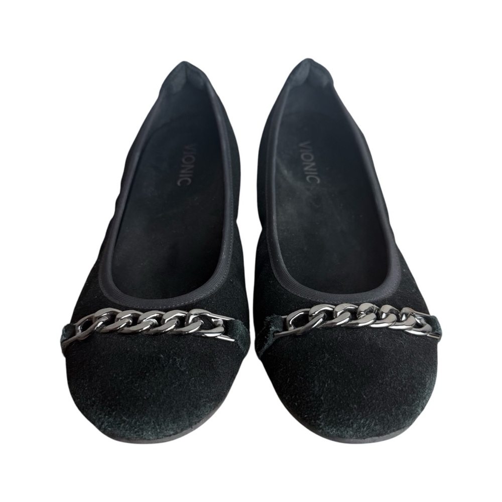 Vionic Pera Black Suede Ballet Flats Chain Detail Size 7